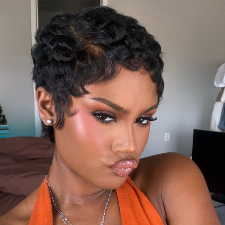 Full Lace Free Part Wig Short Pixie Cut Finger Wave Curly Human Hair Lace Front Wigs Jet Black Color For Women- Rafarada