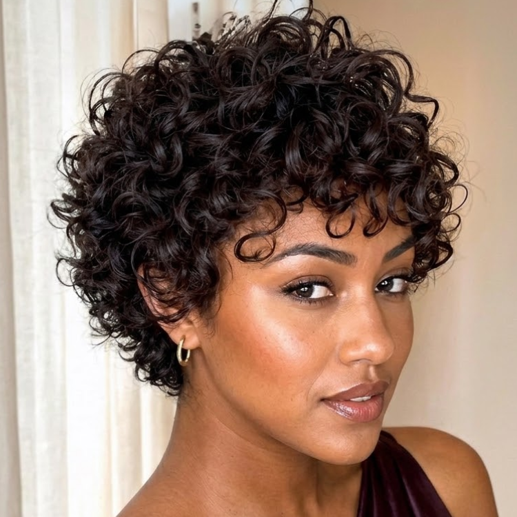 Natural Black 3C 4A Defined Spiral Ringlet Pixie Cut Human Hair Wig with Bangs - Glueless Wear & Go Short Curly Wig - Rafarada