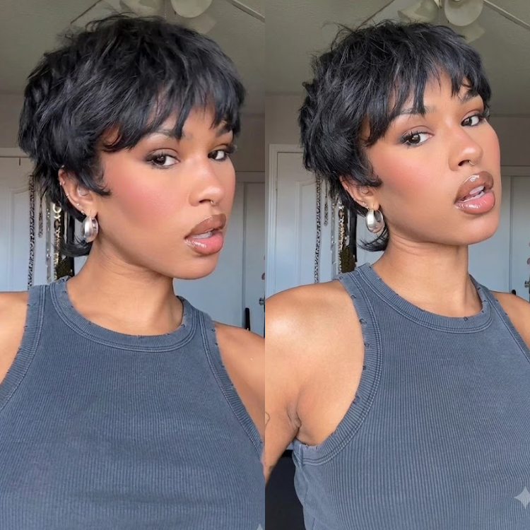 Natural Black Pixie Shag Wig with Wispy Waves and Textured Bangs for Women- Rafarada