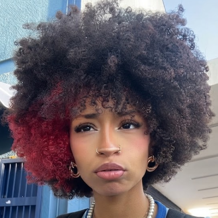 Afro Kinky Coily Bob Wig With Bangs and a Single Vivid Red Side-Highlight for- Rafarada