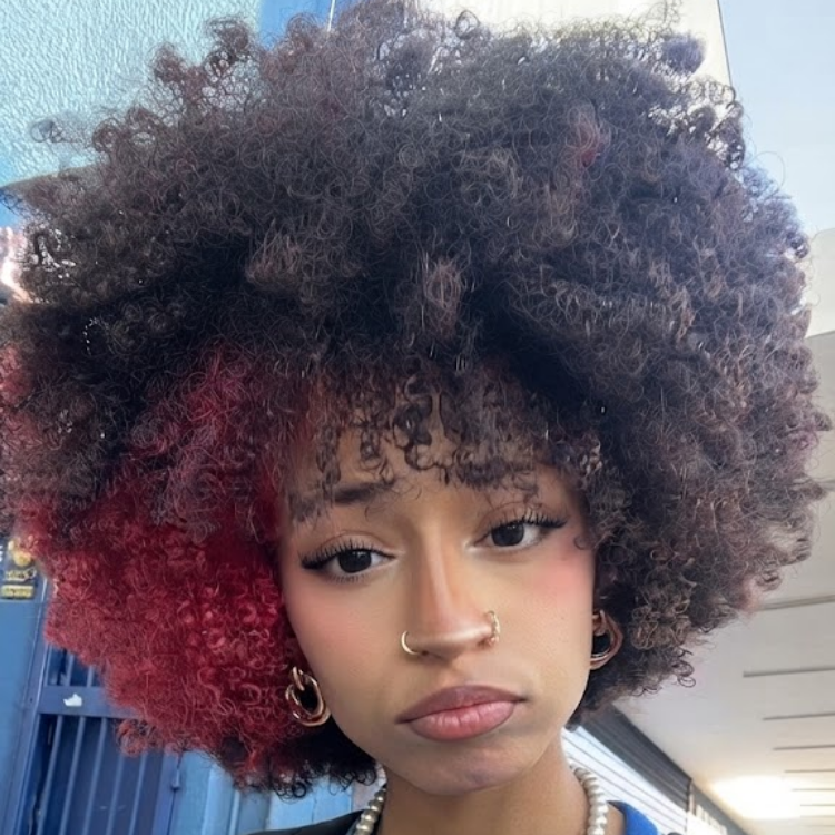 Afro Kinky Coily Bob Wig With Bangs and a Single Vivid Red Side-Highlight for- Rafarada