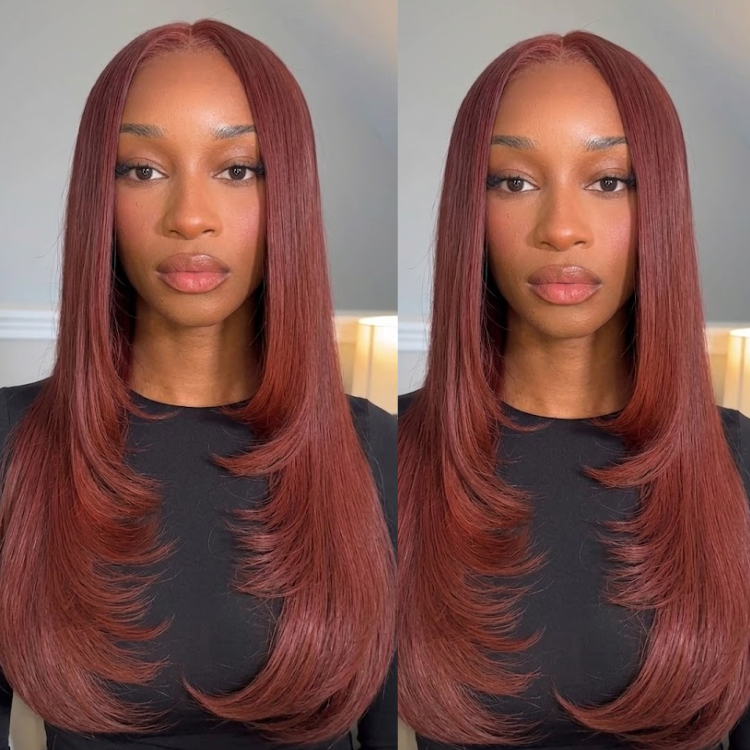 Auburn Copper Red Silky Straight Human Hair Wig Glueless Layered C Cut Haircut Wig Middle Part Natural Hairline- Rafarada