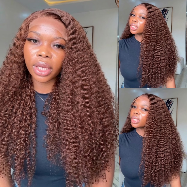 Reddish Brown Kinky Curly Lace Front Wig - Bouncy Deep Wave Human Hair Wig- Rafarada