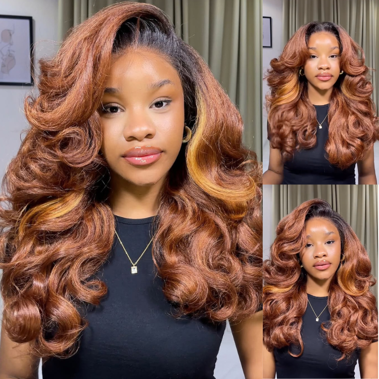 Glueless Layered Bouncy Curls Lace Front Wig Dark Roots Ombre Reddish Brown with Caramel Highlights Human Hair Wig- Rafarada
