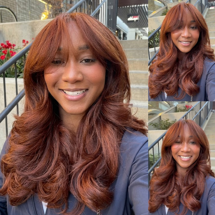 Glueless Reddish Brown Large Volume Waves Human Hair Wig | Pre-Cut Lace Layered Blowout Style with Bangs - Rafarada