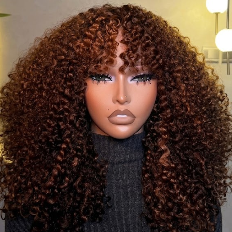 Reddish Brown Kinky Curly Wig With Bangs - Glueless Voluminous Auburn Curly Human Hair Wig- Rafarada
