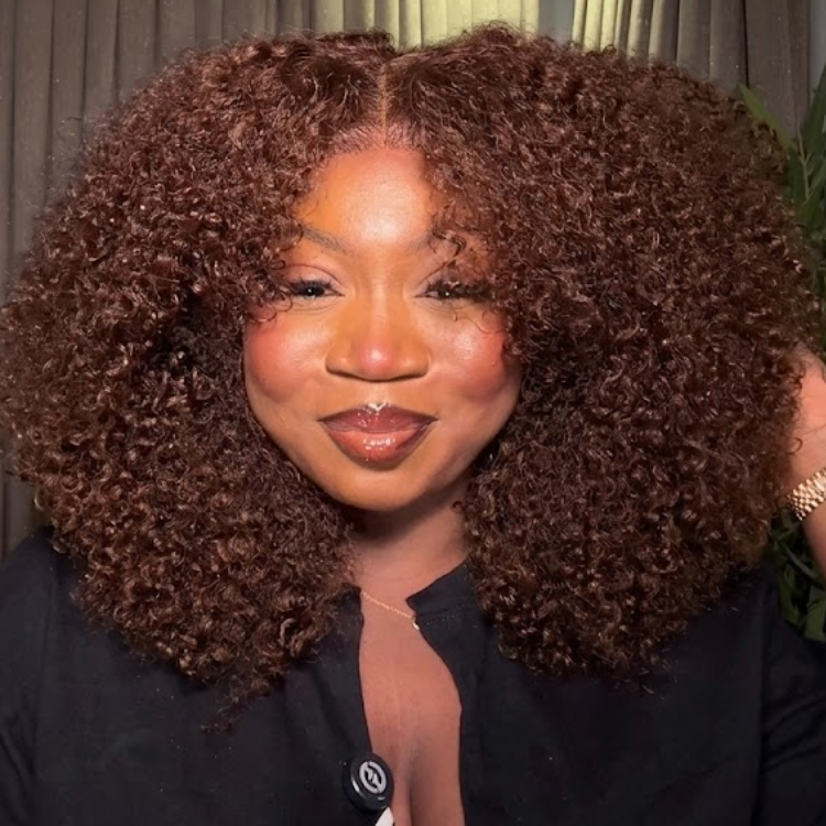 Glueless Reddish Brown Afro Kinky Curly Lace Front Human Hair Wig, HD Transparent Lace Frontal Wig, Voluminous 3C 4A Coily Wig with Bangs for Women- Rafarada