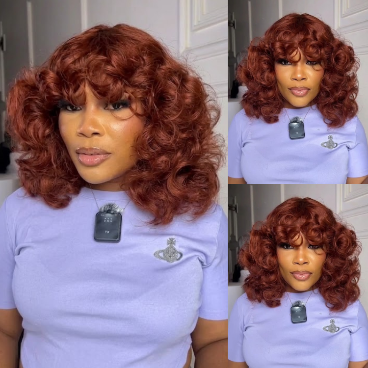 Dark Roots Ombre Brown Short Curly Wig with Bangs - Premium Bouncy Wave Glueless Bob Wig for Women- Rafarada