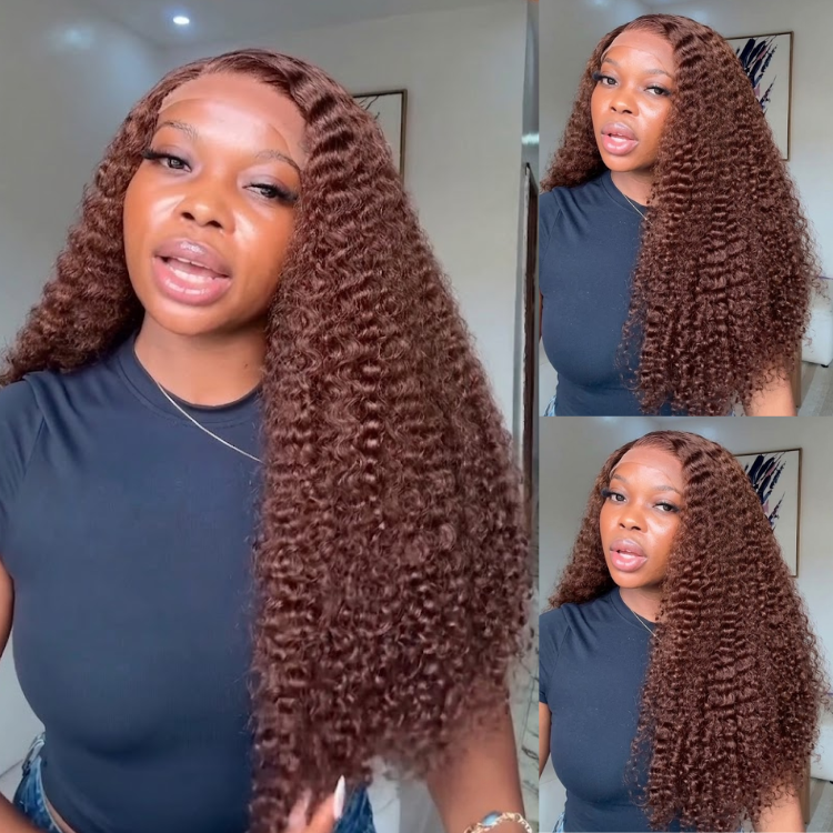 Reddish Brown Kinky Curly Lace Front Wig - Bouncy Deep Wave Human Hair Wig- Rafarada