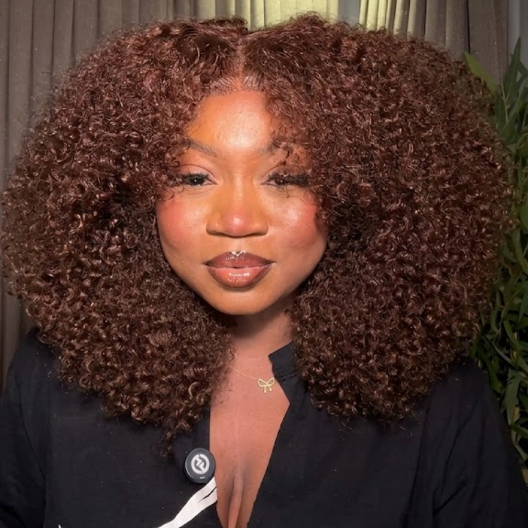 Glueless Reddish Brown Afro Kinky Curly Lace Front Human Hair Wig, HD Transparent Lace Frontal Wig, Voluminous 3C 4A Coily Wig with Bangs for Women- Rafarada