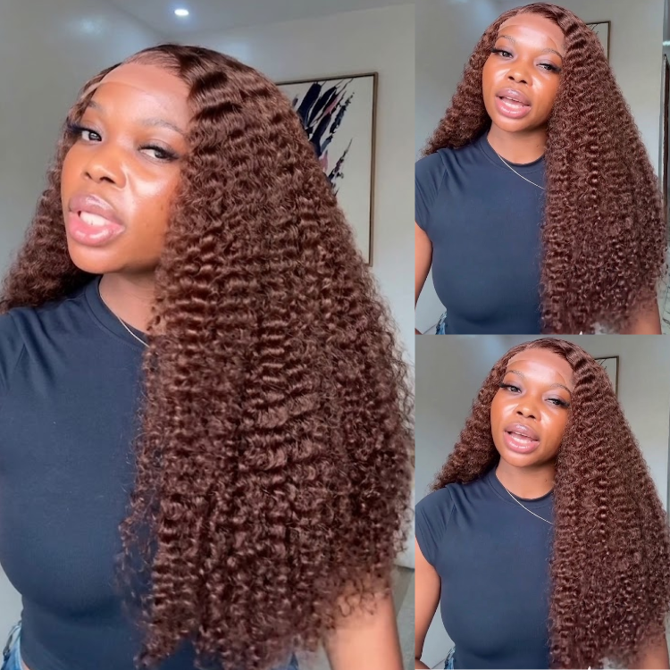 Reddish Brown Kinky Curly Lace Front Wig - Bouncy Deep Wave Human Hair Wig- Rafarada