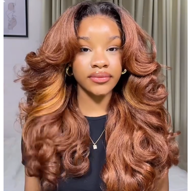 Glueless Layered Bouncy Curls Lace Front Wig Dark Roots Ombre Reddish Brown with Caramel Highlights Human Hair Wig- Rafarada