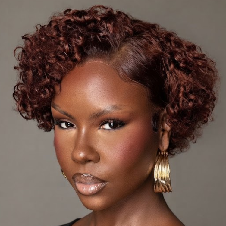 Rich Auburn Color Afro Spiral Curls Human Hair Wig - Glueless Defined Coily Short Bob Lace Front Human Hair Wig- Rafarada