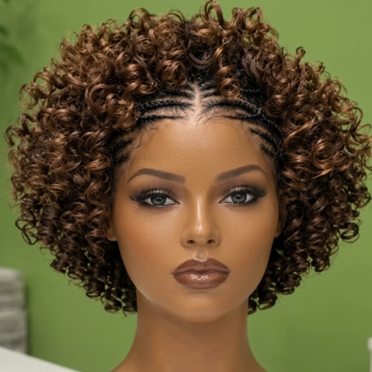 Rich Chestnut Brown Front Cornrow Braided Curly Wig - 3C 4A Defined Spiral Ringlets Human Hair Short Bob Wig - Rafarada