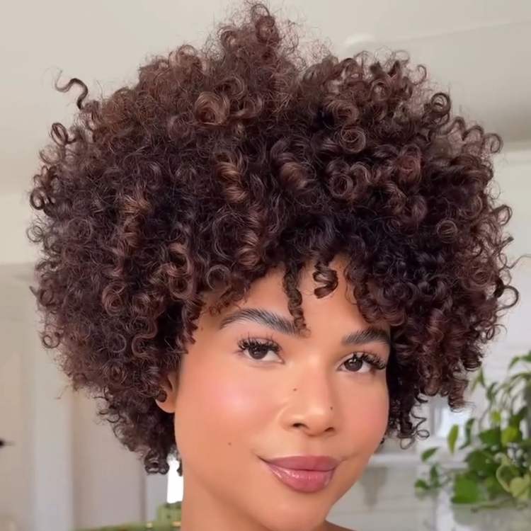 Kinky Curly Human Hair Glueless Wig Rich Chestnut Brown Highlight Afro Coily Natural Hairline Wig with Bangs- Rafarada