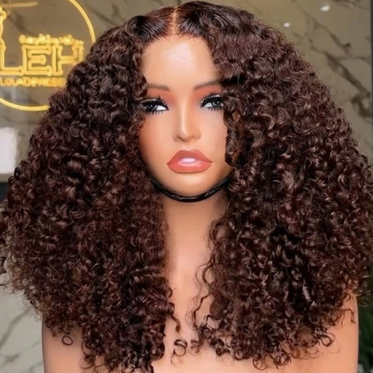 Rich Chocolate Deep Wave Kinky Curly Lace Wig, Pre-Plucked Bouncy Spirals- Rafarada