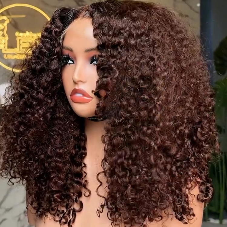 Rich Chocolate Deep Wave Kinky Curly Lace Wig, Pre-Plucked Bouncy Spirals- Rafarada