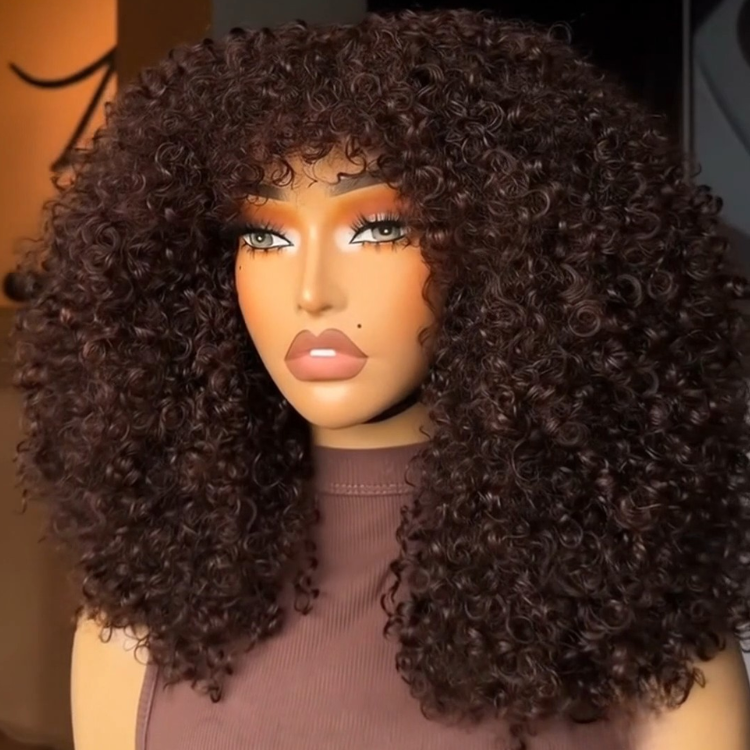 Rich Chocolate Brown Curly Wig with Bangs | Voluminous Kinky Coily Afro Style- Rafarada