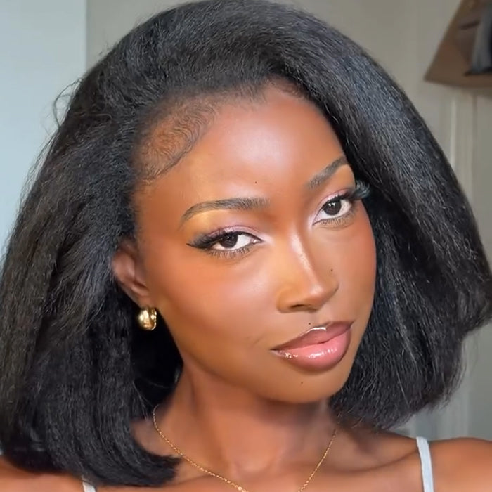 Natural Black Yaki Straight Short Bob Half Wig Seamless Blend Throw & Go Wig - Rafarada