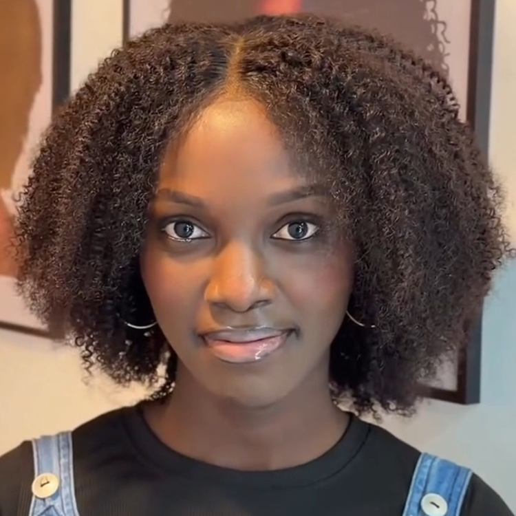 Short Afro Kinky Curly HD Transparent Lace Frontal Wig - Glossy Natural Black 100% Remy Human Hair Wig- Rafarada