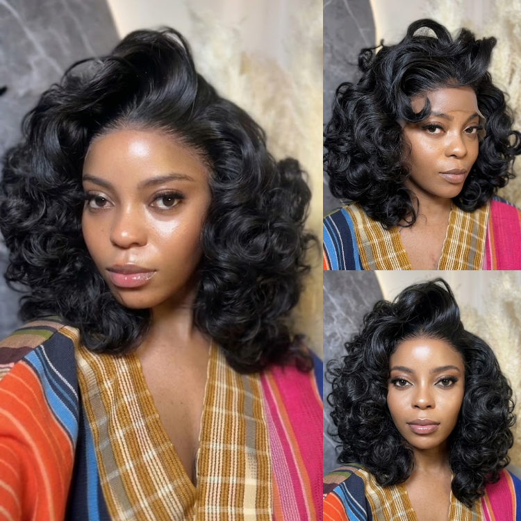 Luxury Voluminous Bouncy Curls Short Bob Lace Front Wig - Full & Soft Jet Black Wave - Rafarada