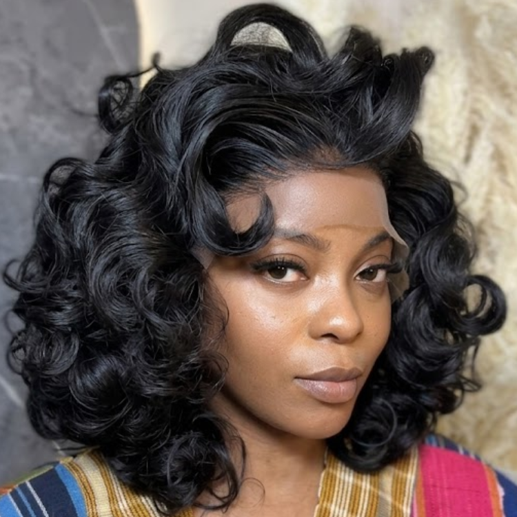 Luxury Voluminous Bouncy Curls Short Bob Lace Front Wig - Full & Soft Jet Black Wave - Rafarada