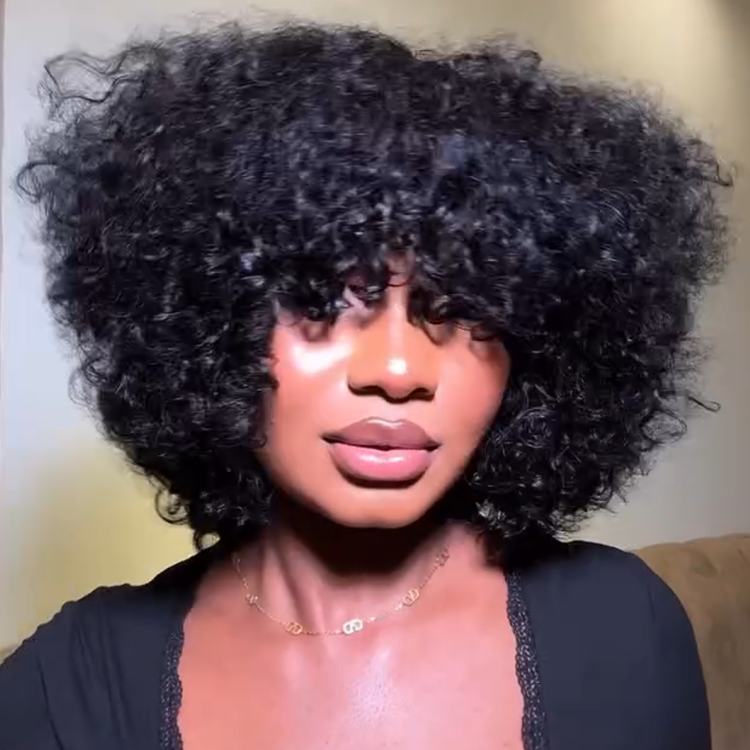 Short Curly Coily Human Hair Wig - Glueless Natural Black Voluminous Bouncy Ringlets- Rafarada
