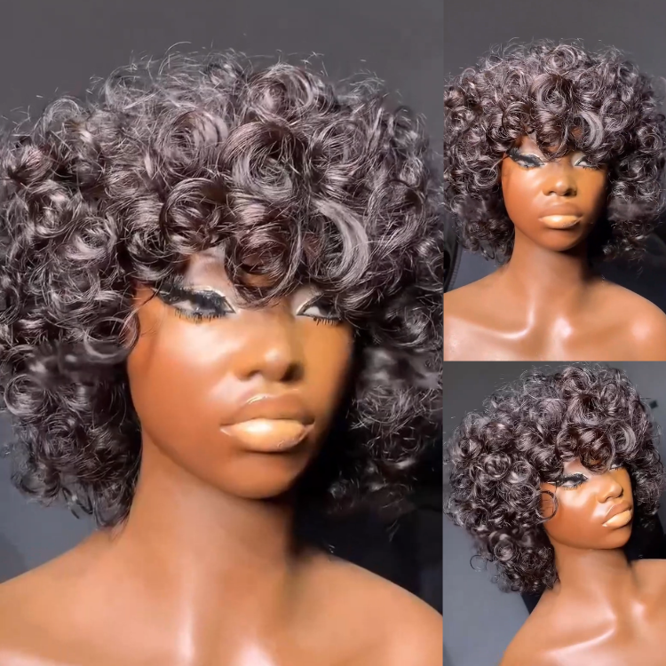 Natural Black Short Jerry Curly Wig with Bangs – High Elasticity Deep Wave Glueless Bob Wig for Black Women- Rafarada