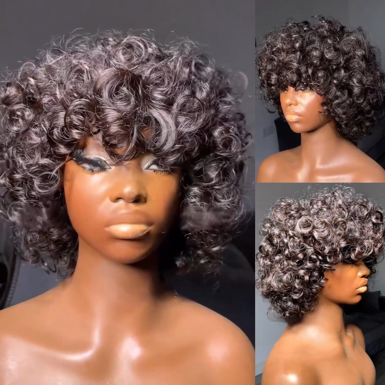 Natural Black Short Jerry Curly Wig with Bangs – High Elasticity Deep Wave Glueless Bob Wig for Black Women- Rafarada