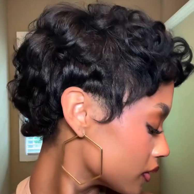 Natural Jet Black Short Pixie Cut Human Hair Wig - Defined Finger Wave Curls - Glueless Wear and Go - Rafarada