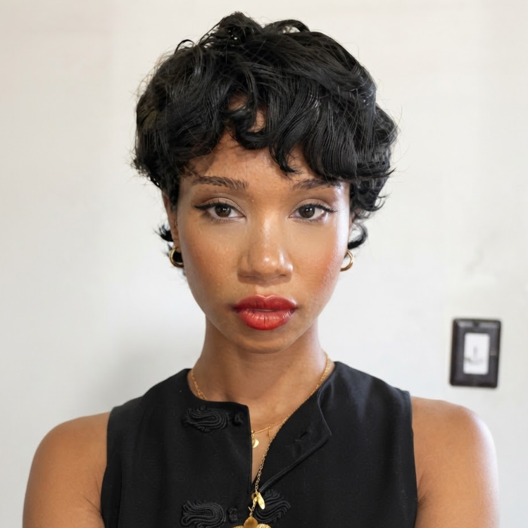 Jet Black Short Pixie Cut Wig - Bouncy Defined Curls - Comfortable Breathable Cap - Rafarada