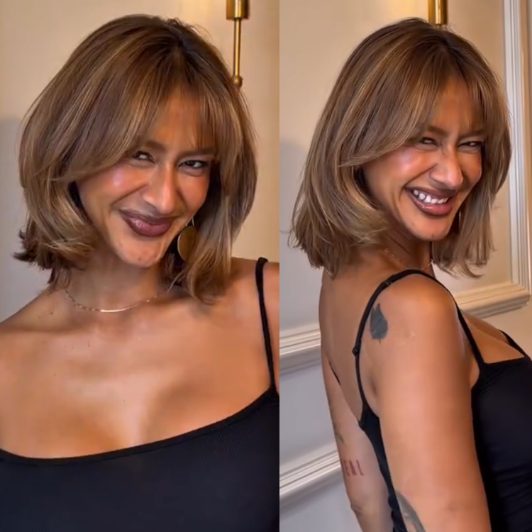 Caramel Bronde Shoulder-Length Bob Wig with Curtain Bangs Outward Flip 100% Human Hair Wigs- Rafarada