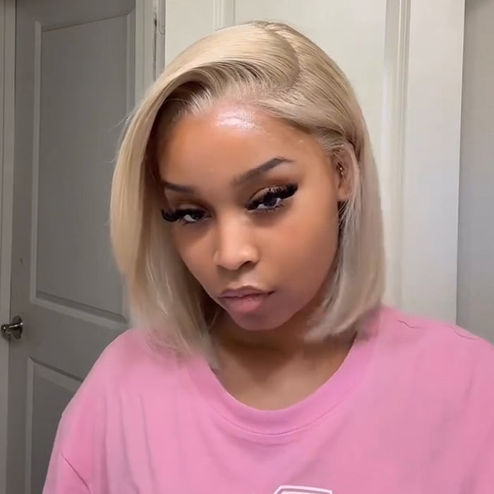 Glueless Platinum Blonde Straight Bob Wig  Pre-Plucked HD Lace Front Hair Side Part Short Lace Front Wig- Rafarada