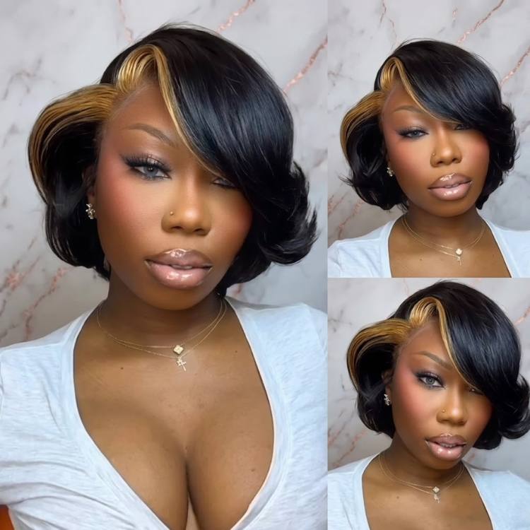 Elegant Bob with Blonde Side-Swept Highlight - Silky Straight Short Human Hair Wig, HD Transparent Lace Frontal, 100% Human Hair - Rafarada