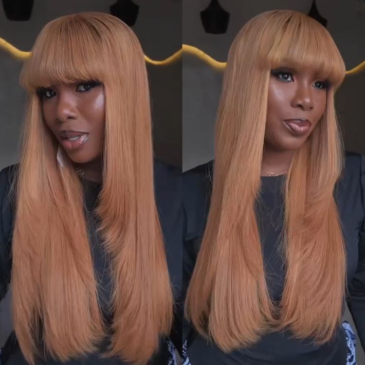 Honey Blonde Silky Straight Human Hair Wig with Face-Framing Layers and Bangs- Rafarada