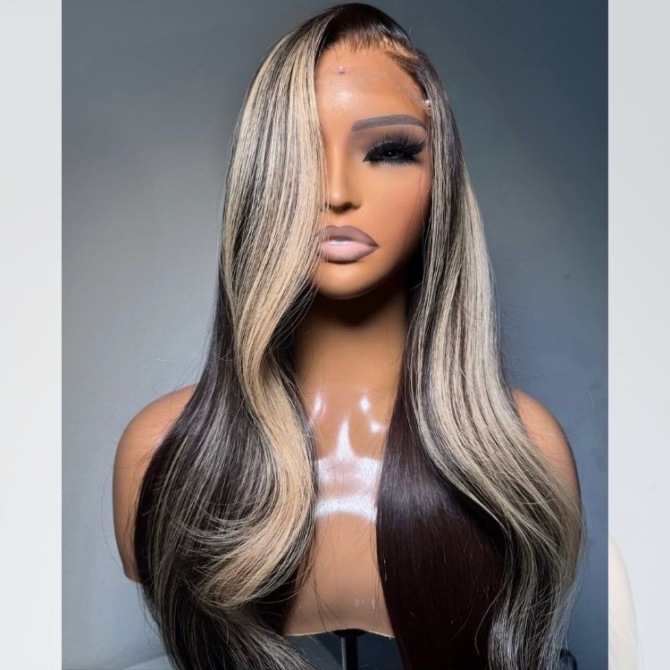 Skunk Stripe Wigs Natural Color with Blonde Human Hair End Curl HD Lace Front Wig- Rafarada