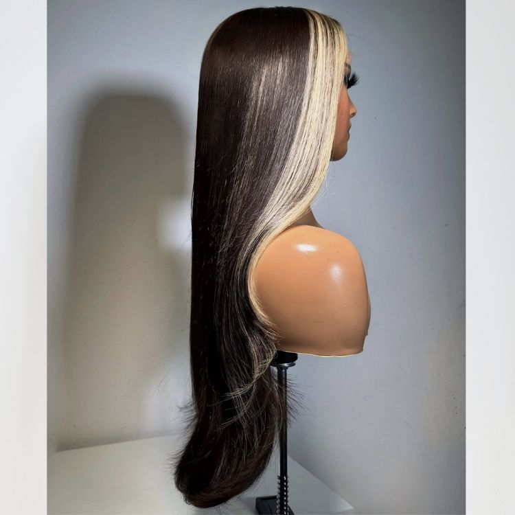 Skunk Stripe Wigs Natural Color with Blonde Human Hair End Curl HD Lace Front Wig- Rafarada