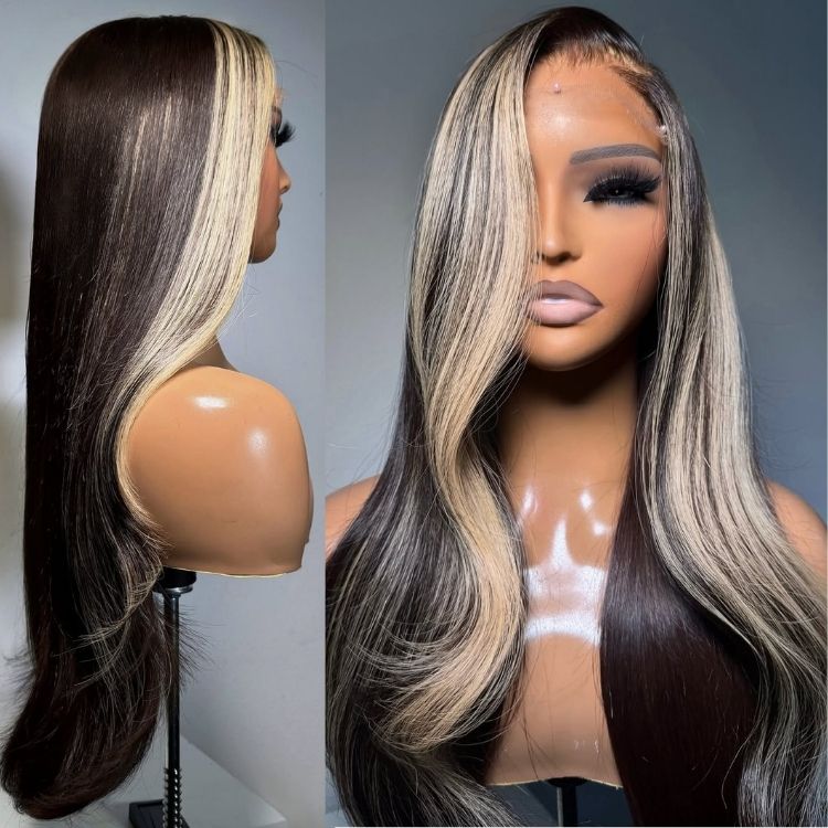Skunk Stripe Wigs Natural Color with Blonde Human Hair End Curl HD Lace Front Wig- Rafarada