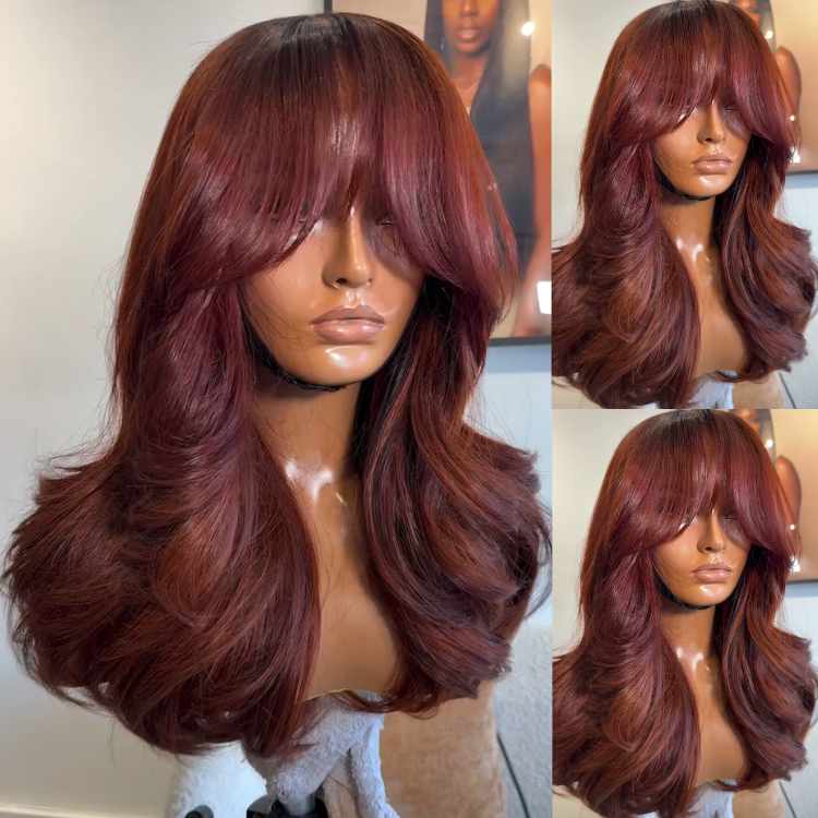 Glueless Burgundy Wine Soft Layered Waves Lace Front Wig with Curtain Bangs - High Density HD Transparent Lace Human Hair Wig- Rafarada