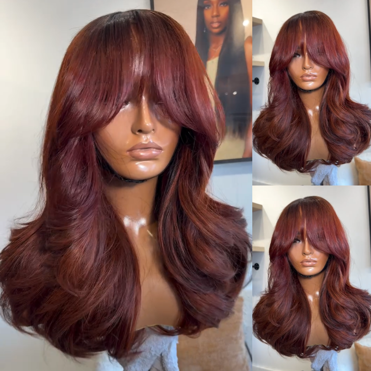 Glueless Burgundy Wine Soft Layered Waves Lace Front Wig with Curtain Bangs - High Density HD Transparent Lace Human Hair Wig- Rafarada