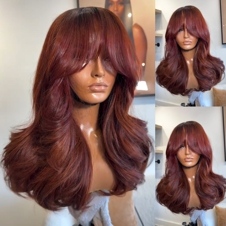 Glueless Burgundy Wine Soft Layered Waves Lace Front Wig with Curtain Bangs - High Density HD Transparent Lace Human Hair Wig- Rafarada