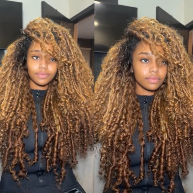 Honey Blonde Spiral Curly Wig with Dark Roots High Density 100% Human Kinky Curly Hair Glueless Long Big Volume Curls - Rafarada