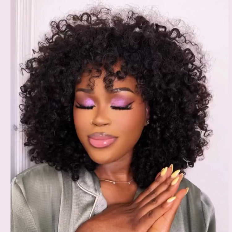 Skin Base Wig Spiral Coil Human Hair Wig With Bangs Full Mechanism Wig- Rafarada