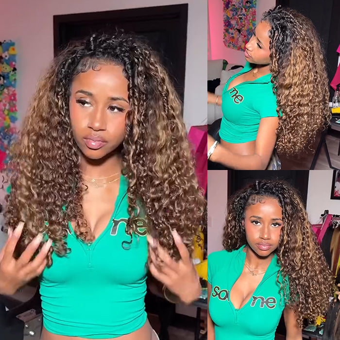 Ombre Honey Golden Color Spiral Curls Wave Human Hair Wig Voluminous Waves Curly Wave Natural Hairline Wig For Woman - Rafarada