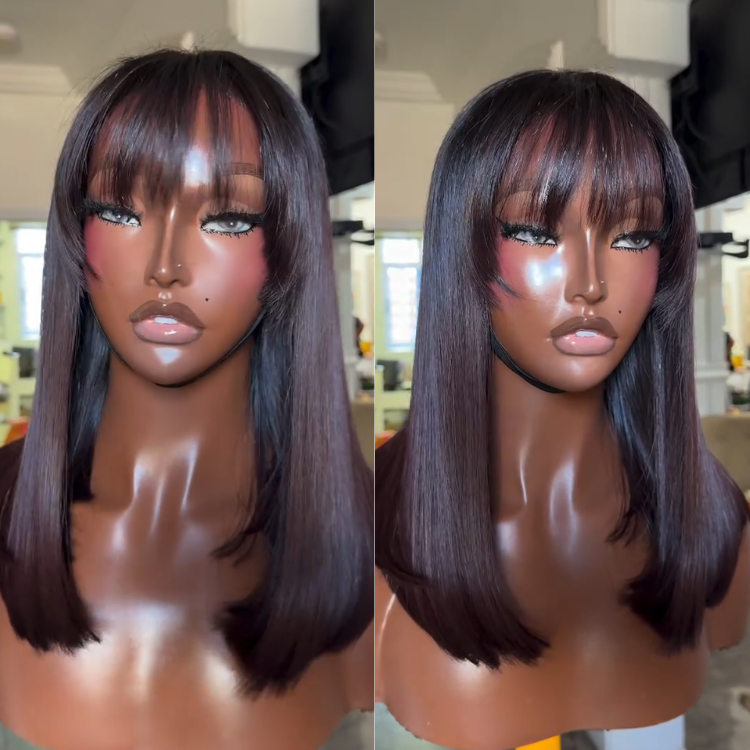 Glueless Burgundy Brown Straight Human Hair Wig with Bangs Layered Cut Wear and Go Ready to Wear- Rafarada