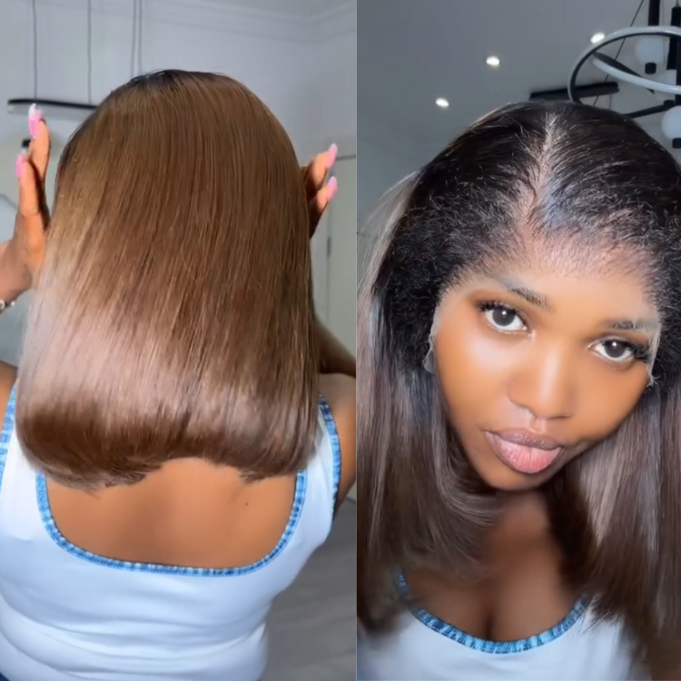 Silky Chestnut Brown Straight Bob Lace Front Wig ¨C Natural Dark Roots with Soft Inward Curl | Sleek & Glossy Human Hair, Pre-Plucked Glueless - Rafarada