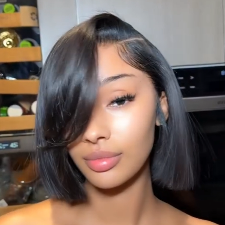 Short Sleek Straight Human Hair Wig - Glossy Jet Black Side Part Bob Glueless Lace Wig with Smooth Finish   - Rafarada