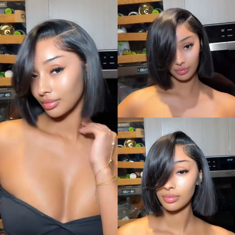 Short Sleek Straight Human Hair Wig - Glossy Jet Black Side Part Bob Glueless Lace Wig with Smooth Finish   - Rafarada