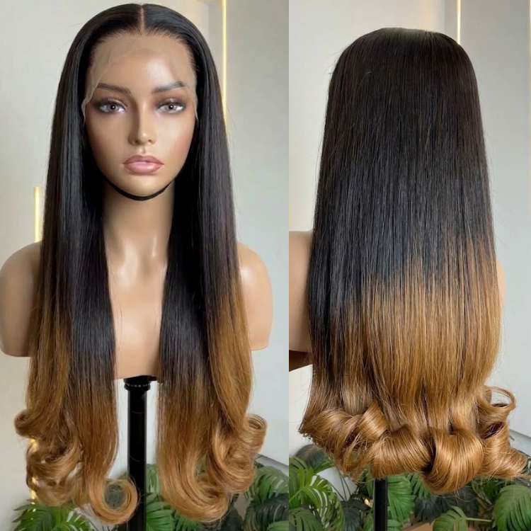 Glueless Ombre Honey Blonde Dark Roots Straight with Barrel Curly Ends Lace Front Wig - High Density HD Transparent Lace Human Hair Wig- Rafarada
