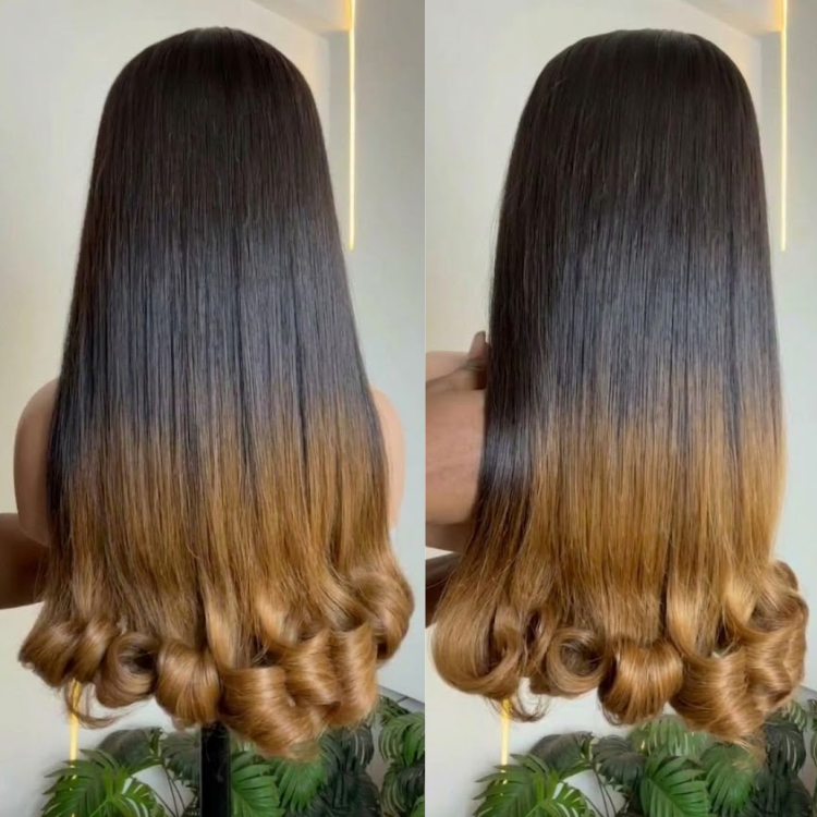 Glueless Ombre Honey Blonde Dark Roots Straight with Barrel Curly Ends Lace Front Wig - High Density HD Transparent Lace Human Hair Wig- Rafarada